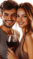 Smiling attractive couple in love drinking red wine isolated on white background. Man and woman posing.