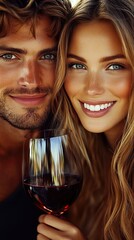 Smiling attractive couple in love drinking red wine isolated on white background. Man and woman posing.