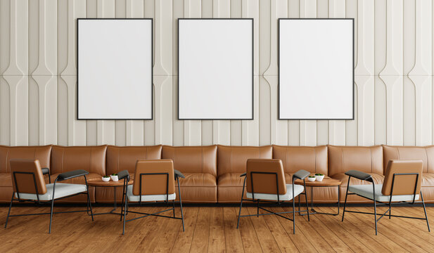 Contemporary Lounge Interior with Three Large Vertical Wall Frames, Leather Sofa and Modern Accent Chairs &ndash; Premium Mockup for Branding and Artwork Display