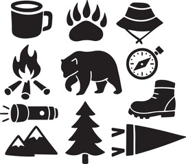 Camping & Outdoor Adventure Icons Set – Wilderness Clipart, Hiking Gear, Travel Elements & Nature Vector Pack