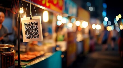Close up of white QR code sign for cashless mobile payment hanging at night market stall - Powered by Adobe
