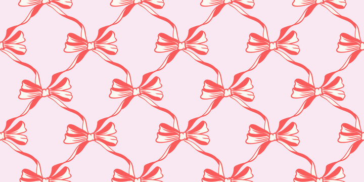 Seamless hand drawn bow pattern in coquette style on soft pink background. Repeating ribbon ornament with vintage feminine mood. Cute decorative vector for wrapping paper, textile prints, stationery