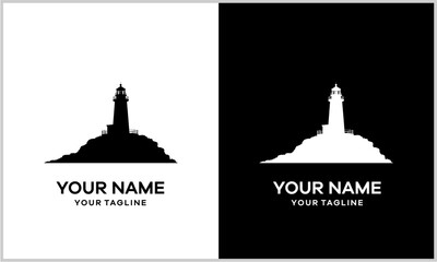 Monochromatic lighthouse silhouette logo design presented in both dark and light versions with customizable branding.