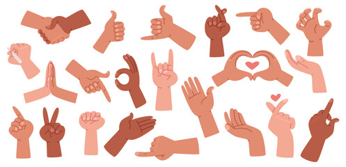 Set of various hands showing various gestures, including approval, pointing, shaking hands, victory, cool, love, and more. Vector illustration