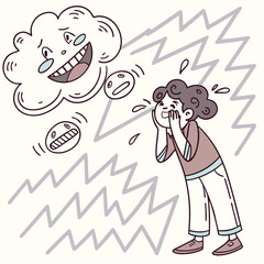 haired girl character with various emotions and poses illustration art design vector, Flat vector illustration poster, Looking at my darker self — the quiet dialogue of inner identity