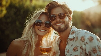 Young couple in love hugging outdoors, beautiful girl and guy on a date drinking wine and alcoholic cocktails in the garden on a picnic
