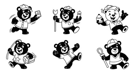 Fototapeta premium Set of Six Adorable Cartoon Bears in Various Poses and Activities.