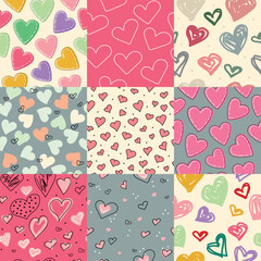 A collection of seamless patterns for Valentine's Day. A set of patterns with colorful hearts.