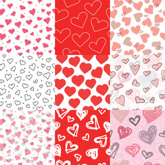 A collection of seamless patterns for Valentine's Day. A set of patterns with hearts. Red and pink background.