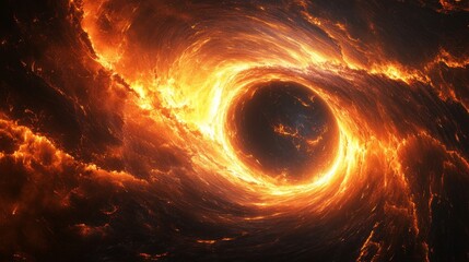 Fiery swirling cosmic vortex of glowing plasma resembling a mysterious black hole, radiating power, chaos, and infinite energy, the raw intensity, destruction, and untamed force of the universe itself