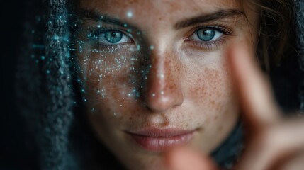 Woman with fair skin and freckles is protected by firewall interface while pointing to her face, indicating protection from cyber attacks