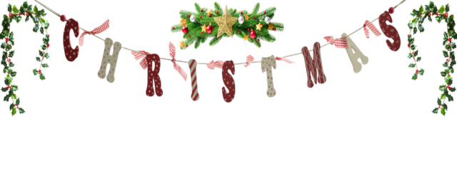 Pixelated Festive Garland Border with Greenery and Red Accents on a transparent background