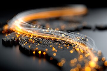 Global Data Transfer Visual With Glowing Orange Arcs And Digital Dot Matrix Representation Of Earth Against A Dark Background