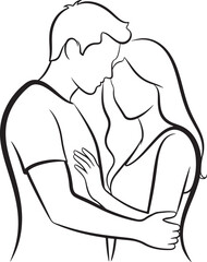 A tender line art sketch of a couple embracing closely with their foreheads touching and eyes closed isolated on white background.