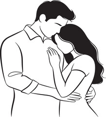 A tender sketch of a man and woman embracing closely with gentle affection and love isolated on white background.