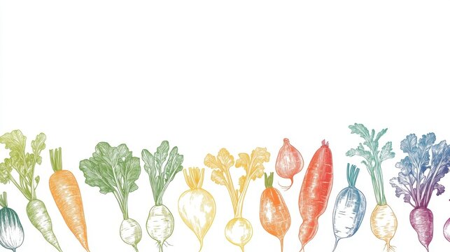 Illustrated root vegetables arranged in a colorful row