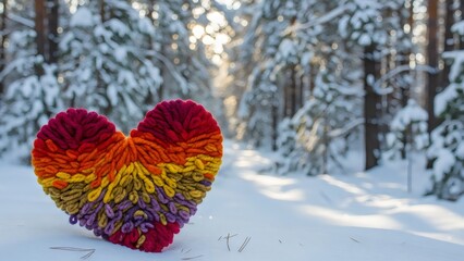 Colorful wool heart glowing softly on snowy winter path, creating warm cozy contrast in cold landscape