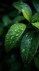 Fototapeta premium Close-up of green leaves with water droplets, showcasing nature's beauty and freshness in a lush, dark setting.