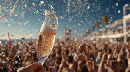 Champagne celebration explodes with energy against a clear blue sky, liquid spray and flying confetti capturing a moment of joy and festivity