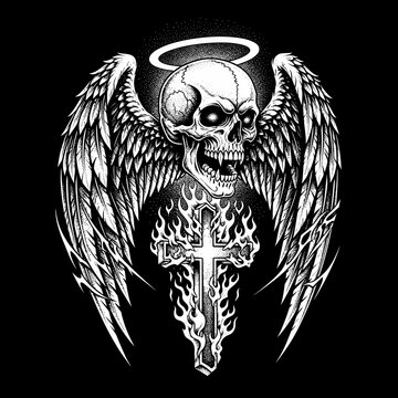 Dark Angel Skull with Flaming Cross and Halo.