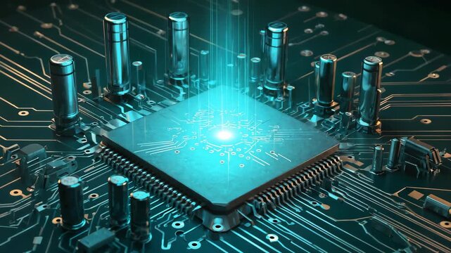 Illuminated central processing unit resting on a dark green motherboard with glowing blue digital energy streams indicating advanced computing power