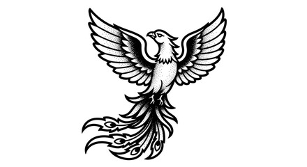 Fototapeta premium Stylized Phoenix Bird Illustration with Spread Wings and Flowing Tail Feathers.
