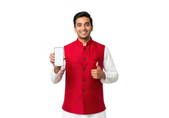 Man in traditional indian attire holding a white card isolated on transparent background