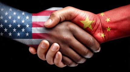 A symbolic handshake between two cultures. One hand decorated with the American flag and the other with the Chinese flag. This image represents unity and collaboration. AI