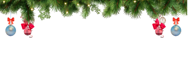 Festive Evergreen Garland with Ornaments on Black Background on a transparent background