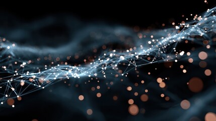 Abstract technology design shows connecting dots and lines forming a network on a dark background in a 3d rendering