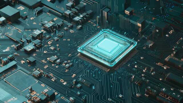 Illuminated central processing unit glowing blue on a detailed dark circuit board representing advanced technology and digital innovation