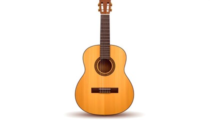 Obraz premium A wood classical guitar with nylon strings isolated on white, detailed sound hole, neck and tuning pegs visible