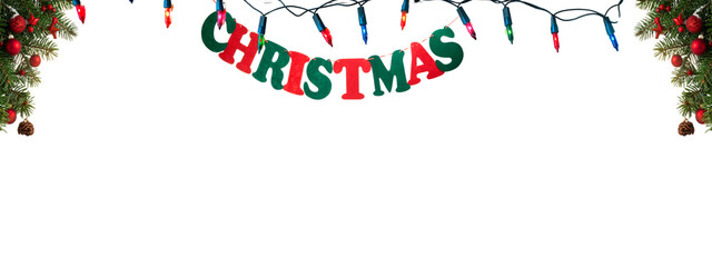 Festive Holiday Border with MERRY Text Evergreen Garland and Colorful Illuminations on Dark Background on a transparent background