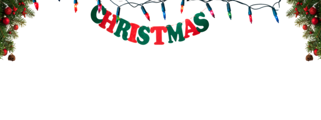 Festive Holiday Border with MERRY Text Evergreen Garland and Colorful Illuminations on Dark Background on a transparent background