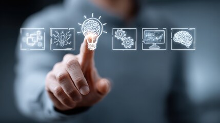 Person interacts with digital icons representing the design thinking process and solution focused methodologies