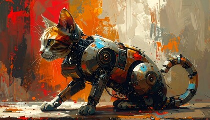 Abstract painting of a cat with robotic body, with bright colors and visible brushstrokes