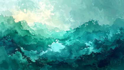 Abstract painting of shades of turquoise, green, and white suggesting waves or rolling hills in a textured style