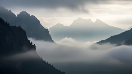 Dramatic View of Dark Mountain Peaks and Steep Cliffs Emerging from a Thick Layer of Fog and Low-Hanging Clouds in a Forested Valley
