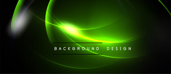 Abstract green light waves, dynamic curves. Modern background design with bright glow, dark space. Elegant visual presentation.