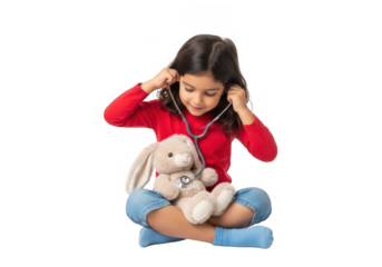Young girl playing doctor with a stuffed bunny on transparent background isolated on transparent background