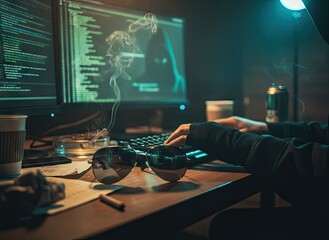 Hacker Typing Code On Computer In Dark Room With Smoke And Blue Lighting