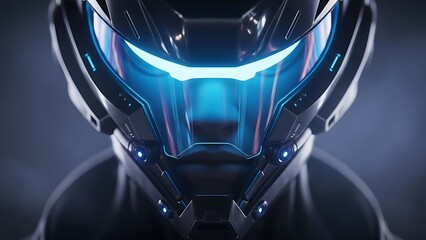 Sleek black futuristic helmet with glowing blue led visor light in dark background
