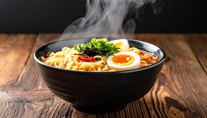 A steaming hot bowl of delicious ramen noodles with a soft-boiled egg and green onions on a rustic wooden table.