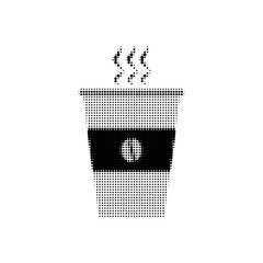 Halftone coffee cup icon with steam in minimalist black and white style, suitable for café branding, menu design, stickers, elements.