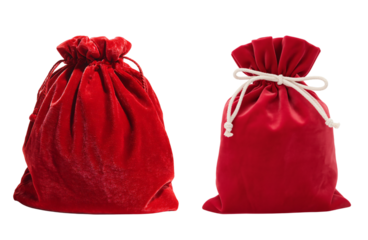 red velvet santa sack pair isolated on transparent background, festive christmas gift storage bags studio photography, holiday red drawstring sacks product photo