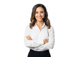 Smiling woman wearing headset and white shirt isolated on transparent background