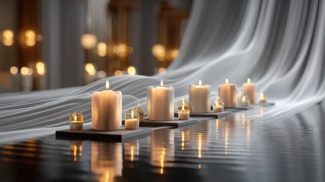 Candlelight Serenity: A display of softly glowing candles casts a warm, inviting light. The scene's reflective surface and elegant drapery create an atmosphere of peaceful contemplation. 