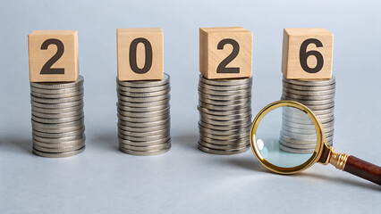 Magnifying glass examining euro coins and currency concepts