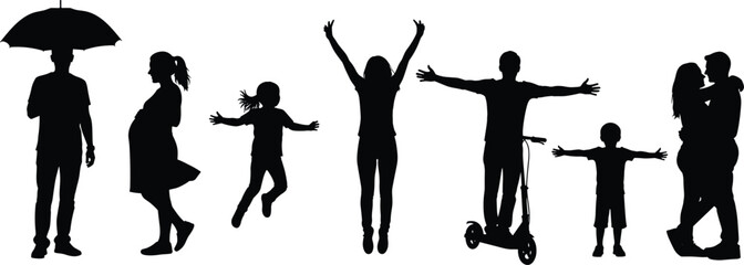 Human silhouette poses, umbrella holder, pregnant woman, jumping child, joyful adult, scooter scene, embrace moment, cad drawing flat vector illustration