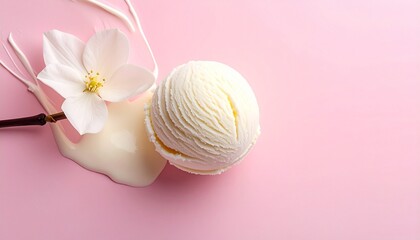 "Single scoop of vanilla ice cream on smooth light pink background."